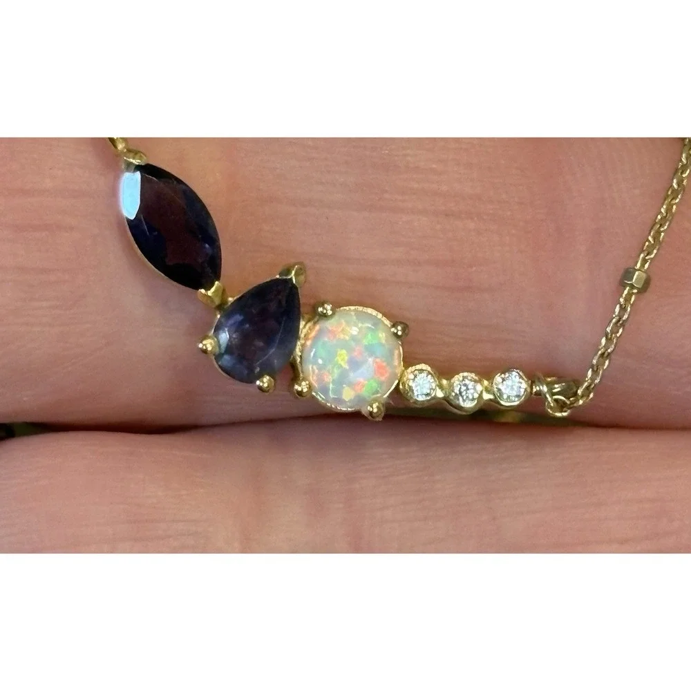 Vermeil Gold 925 Sterling Silver White Ethipion Lab Opal CZ Necklace Dainty